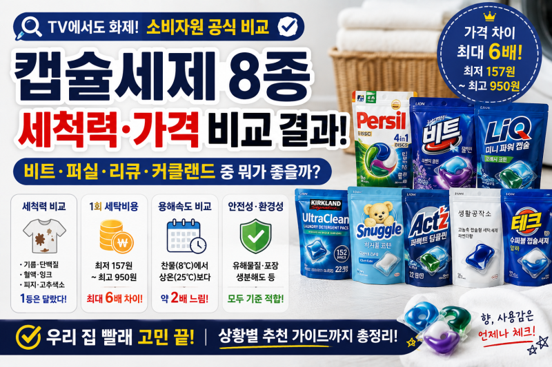 캡슐세제 8종 비교해보니｜비트·퍼실·리큐·커클랜드 세척력·가격 결과