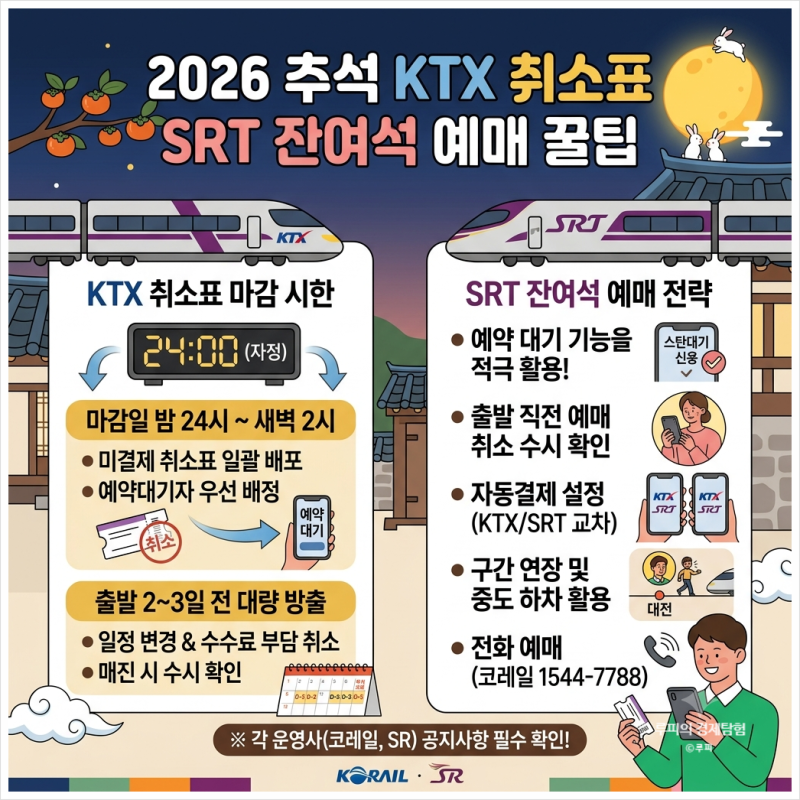2026 추석 KTX 취소표 나오는 시간 및 SRT 잔여석 예매 꿀팁