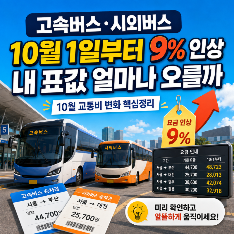 고속,시외버스 10월 1일부터 9% 인상, 내 표값 얼마나 오를까