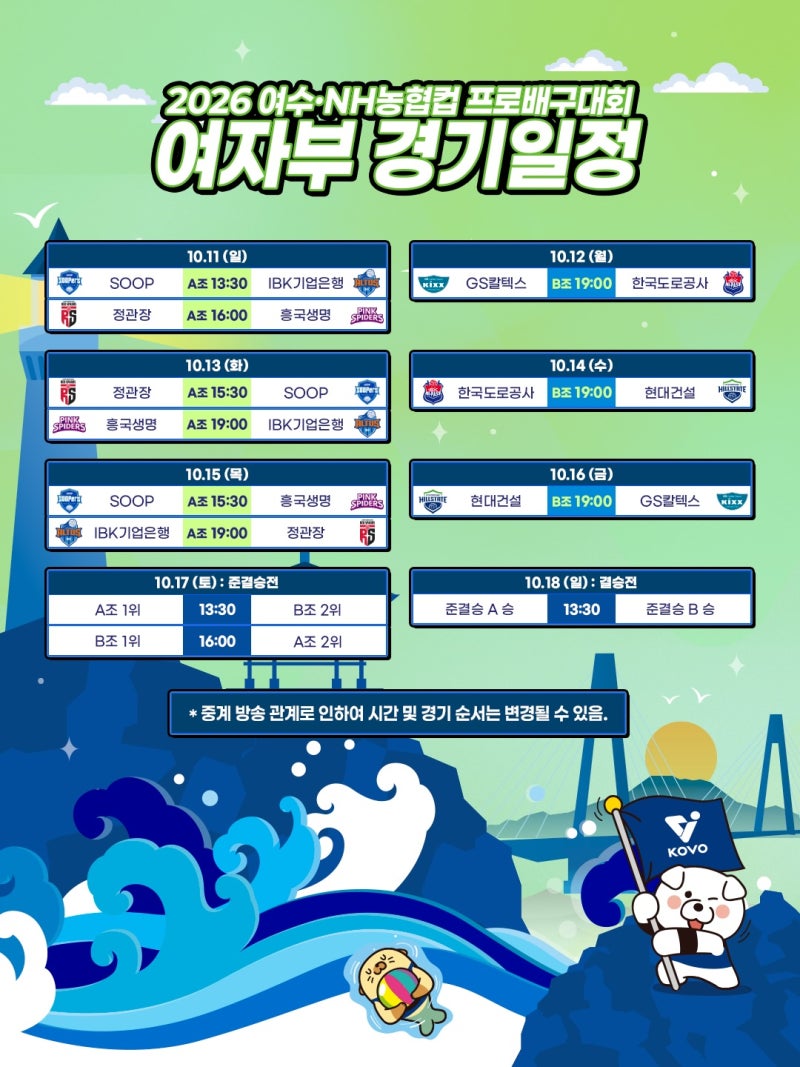 [배구] 2026 여수ㆍNH농협컵 프로배구대회 여자부 남자부 경기일정 장소