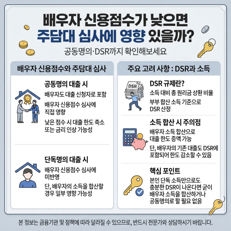 배우자 신용점수가 낮으면 주담대 심사에 영향 있을까? 공동명의·DSR까지 확인해보세요