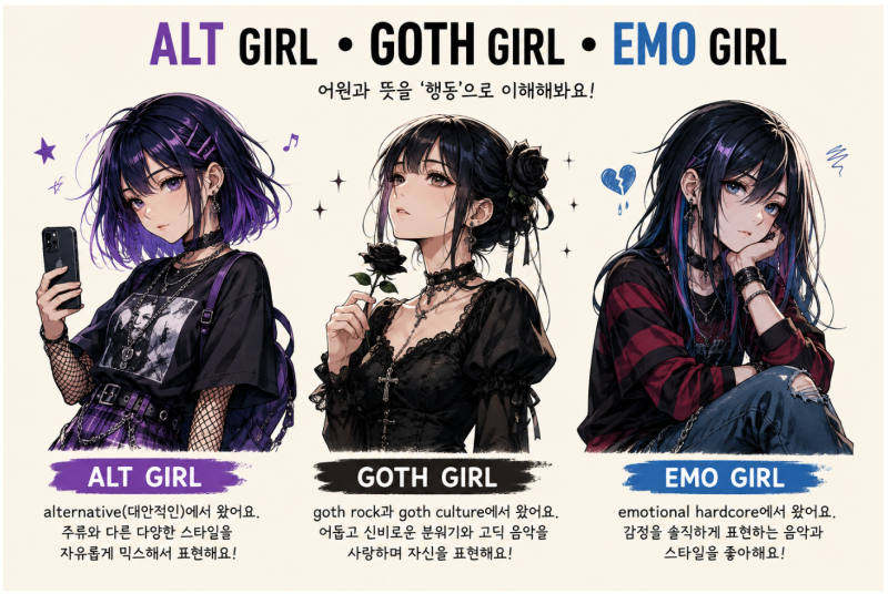 Alt Girl, Goth Girl, Emo Girl 뜻과 차이｜어원부터 발음·강세·스타일까지 한 번에 정리해요