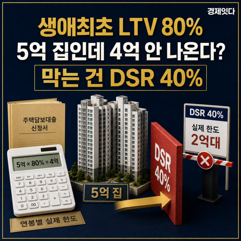 생애최초 주담대 LTV 80%인데 5억 집에 4억 대출이 안 나오는 이유, 연봉별 DSR 40% 계산