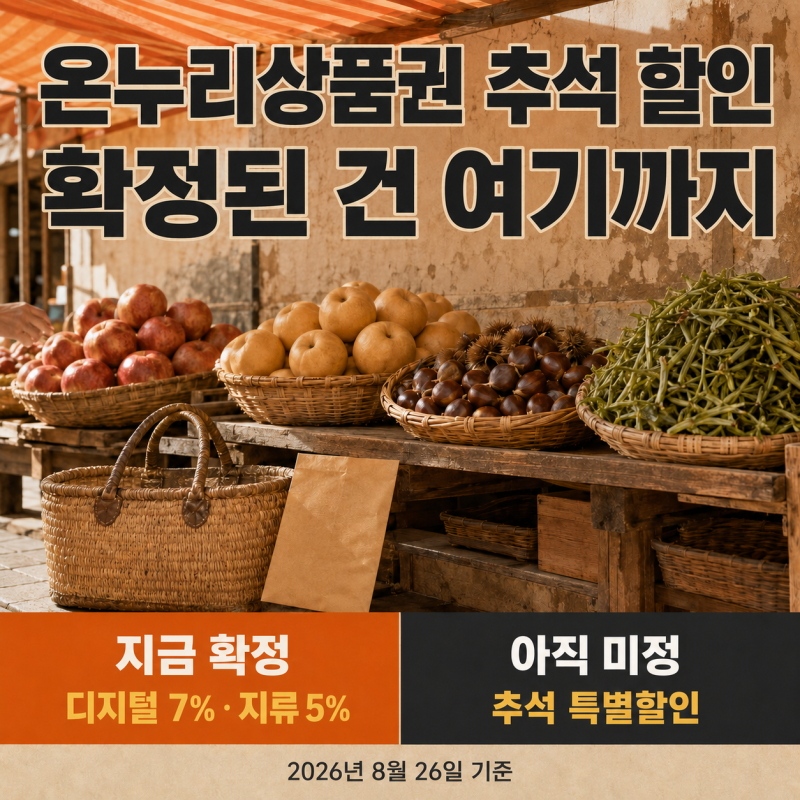 온누리상품권 추석 할인, 8월 26일 기준 확정된 건 디지털 7%와 환급 2만원이에요
