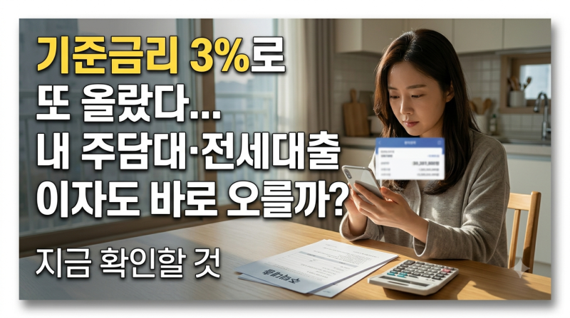 기준금리 3%로 또 올랐다…내 주담대·전세대출 이자도 바로 오를까? 지금 확인할 것