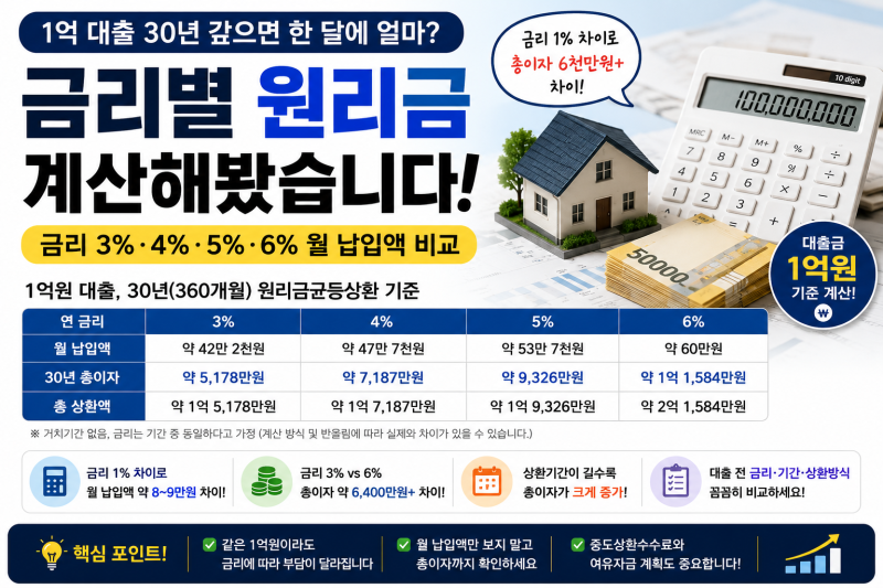 1억 대출 30년 갚으면 한 달에 얼마? 금리 3%·4%·5%·6% 원리금 계산
