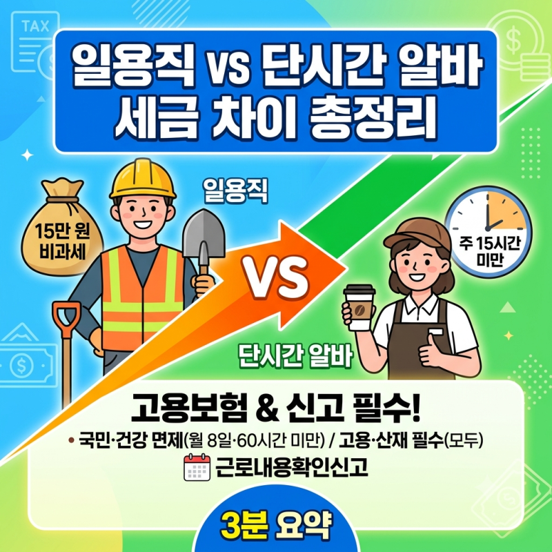 일용직 vs 단시간 알바 세금 차이 총정리: 고용보험·근로내용확인신고 3분 요약