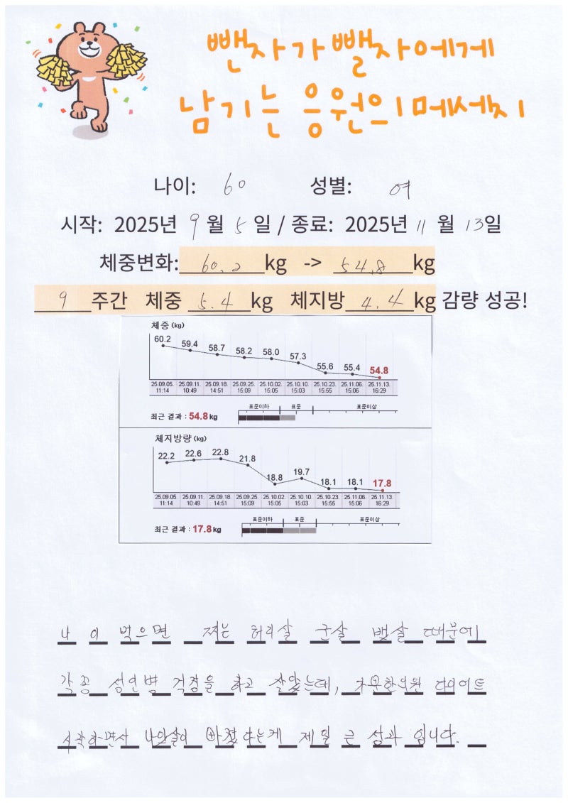 60세, 여, -5.4킬로, 나잇살, 허리둘레, 뱃살 빼기 성공