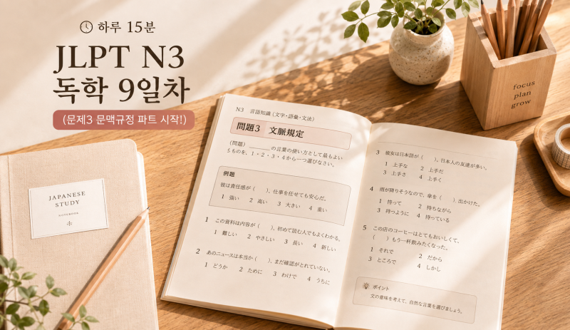[JLPT N3 독학 9일차] 문제3 문맥규정 파트 진입! (필수 단어 15개 & 문법 2개)