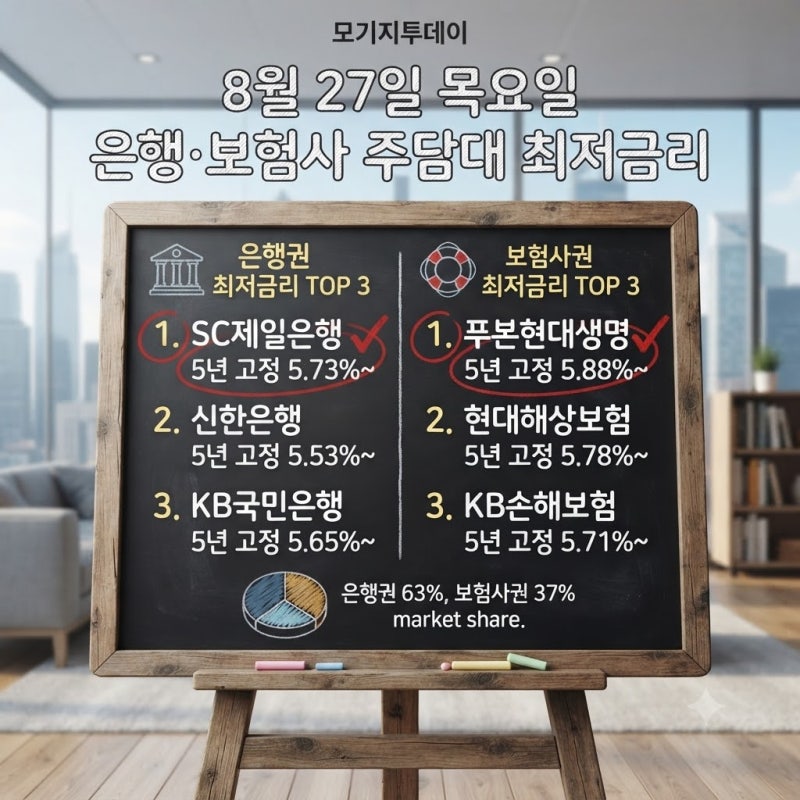 삼성화재 주담대(주택담보대출) 금리 5.93% 등 8월 27일 은행 보험사 아파트매매잔금대출 최저 ....