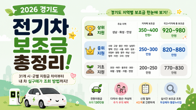 2026 경기도 전기차 보조금 총정리! 31개 시군별 지원금 차이부터 내 차 실구매가 조회 방법까....