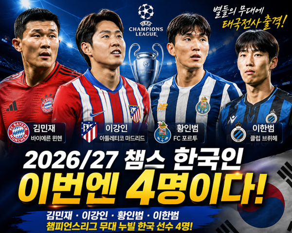 "이번엔 4명이다" 챔스 무대 누빌 한국인…김민재·이강인에 황인범·이한범까지
