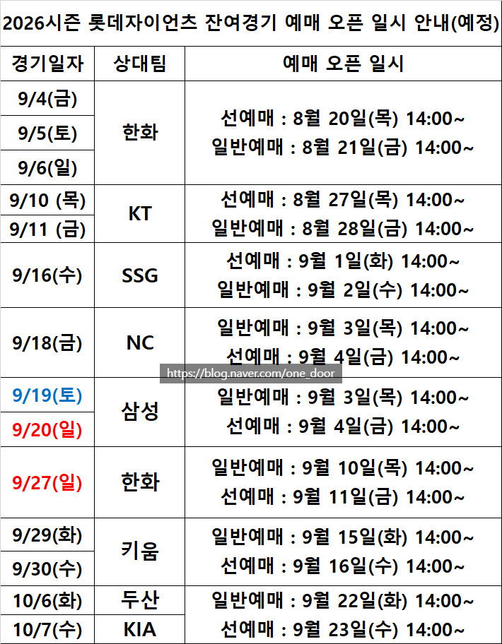 2026 롯데자이언츠 9월 잔여경기 예매 일정 사직야구장 예매오픈, 예매 방법, 예매 오픈 일정, ....