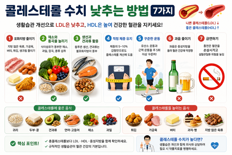 콜레스테롤 수치 낮추는 방법｜LDL 낮추는 음식·운동 7가지