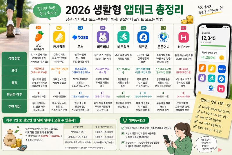 걷기만 해도 돈이 된다? 2026 앱테크 총정리｜당근·캐시워크·토스·튼튼머니까지