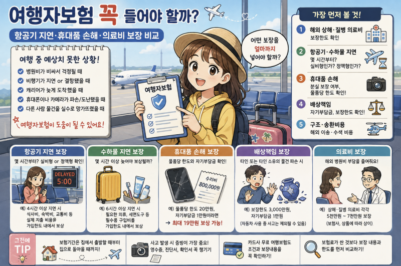 여행자보험 꼭 들어야 할까? [항공기 지연·휴대품 손해·의료비 보장 비교]