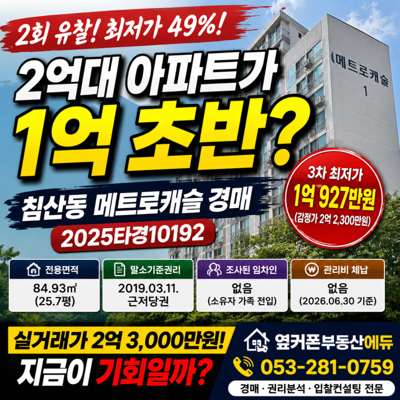 대구 침산동 경매 아파트 메트로캐슬 2억대 아파트가 1억 초반?  2025타경10192 사진 2