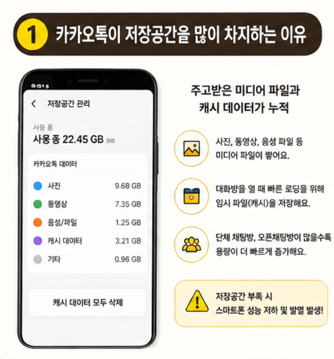 카카오톡 용량 줄이기｜캐시 데이터 삭제로 스마트폰 저장공간 확보하는 방법