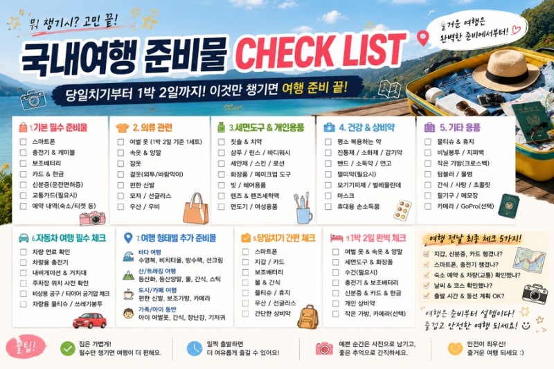 국내여행 준비물 체크리스트｜당일치기·1박 2일 여행 전에 꼭 챙길 것 25가지
