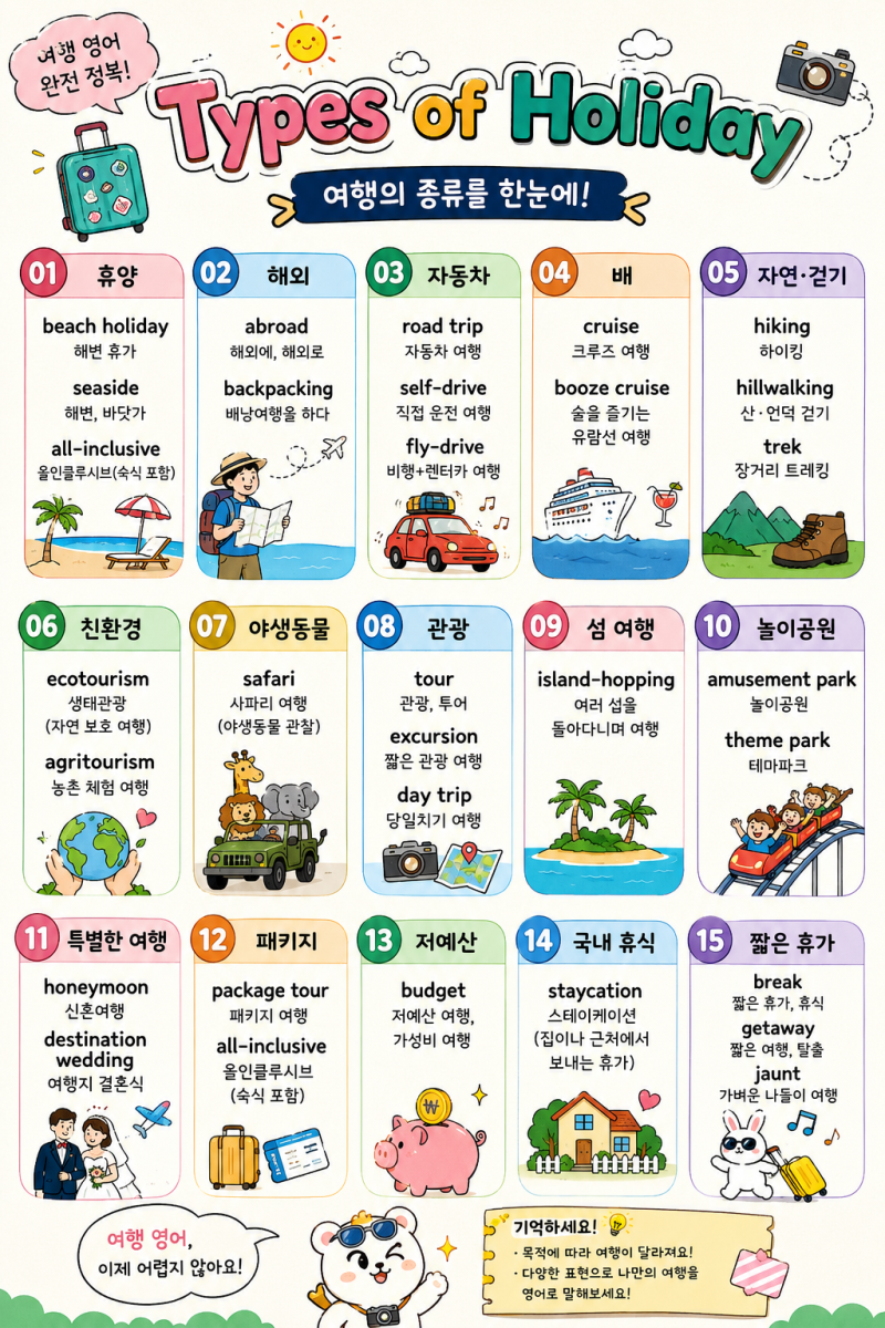 Types of Holiday & Vacation 휴가·여행의 종류를 나타내는 영어 어휘 총정리