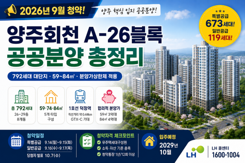 양주회천 A-26블록 공공분양 총정리｜분양가·청약자격·792세대·특별공급·일반공급 완벽 분....
