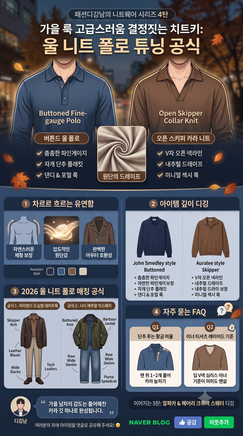남자 울 니트 폴로 셔츠 카라 니트 코디, 2026 가을 남친룩 넥라인 종결
