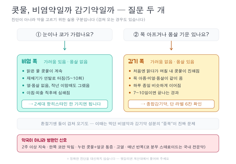 환절기 콧물, 비염약일까 감기약일까 — 약국 진열대 앞에서 고르는 법을 정리했습니다