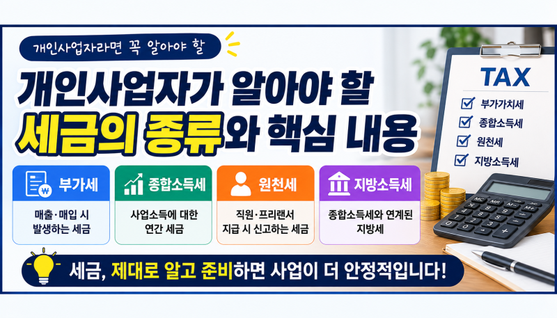 개인사업자가 알아야 할 세금의 종류(부가가치세, 종합소득세, 지방소득세, 원천세)
