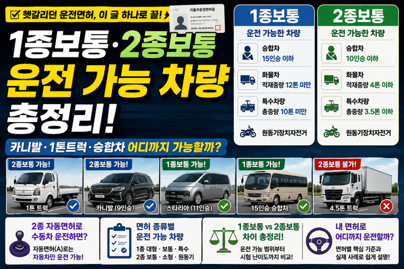 1종보통·2종보통 운전 가능 차량 총정리｜카니발·1톤트럭·승합차 어디까지 가능할까?
