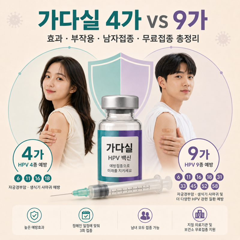 자궁경부암백신 무료접종 가다실 4가 9가 차이 및 효과 부작용