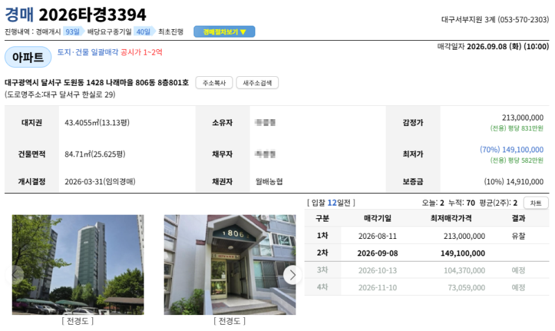 대구 도원동 경매아파트 나래마을 2억대 아파트가 1억 4천만원대? 달서구 경매 2026타경3394 사진 3