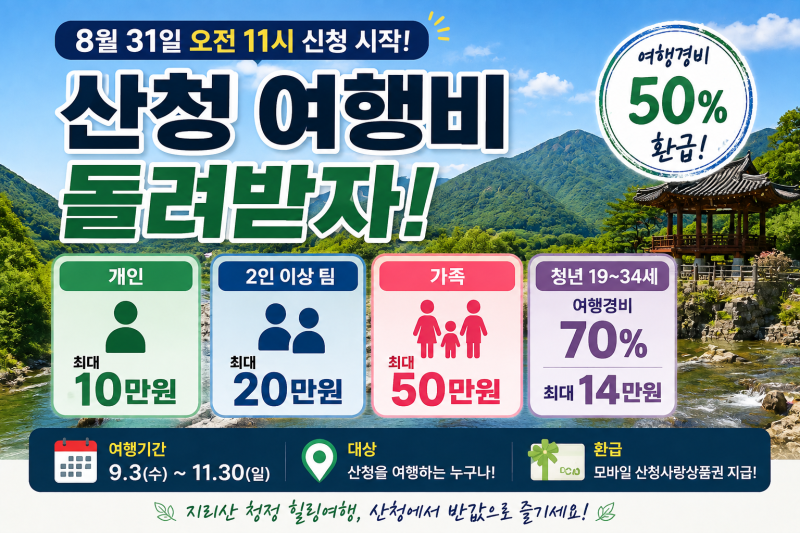 산청 반값여행 신청방법｜청년 70%·가족 최대 50만원 환급