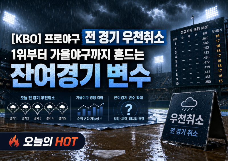 프로야구 전 경기 우천취소, 1위부터 가을야구까지 흔드는 잔여경기 변수｜오늘의 HOT (잔여....