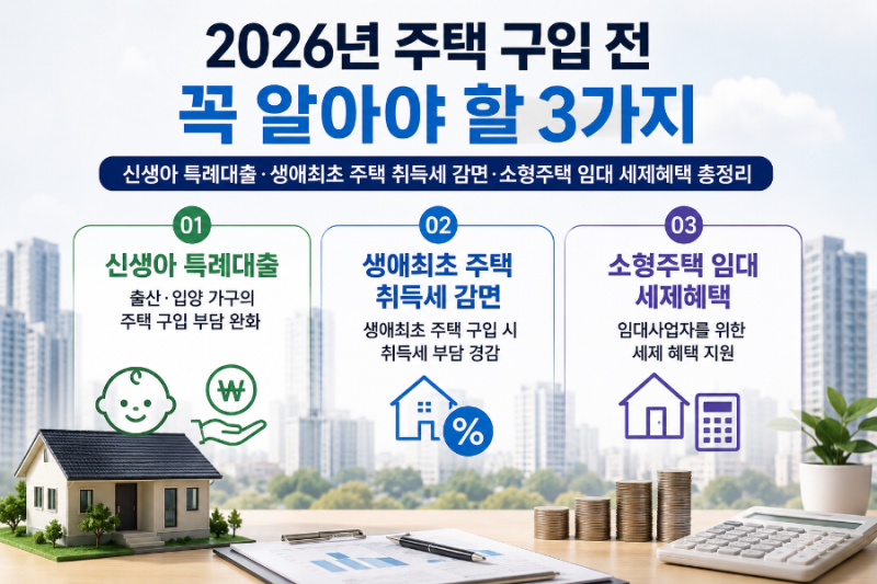 2026년 주택 구입 전 꼭 알아야 할 3가지 신생아 특례대출·생애최초 주택 취득세 감면·소형주....