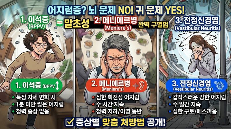 세상이 뱅뱅 도나요? 말초성 어지럼증 3대장 완벽 구별법! (이석증 vs 메니에르병 vs 전정신경....