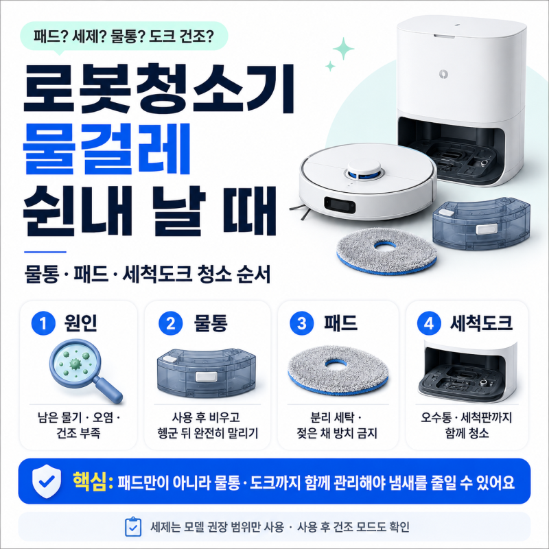로봇청소기 물걸레에서 쉰내 날 때, 물통·패드·세척도크 청소 순서