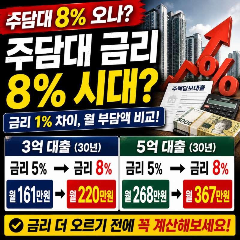 주담대 금리 8% 시대 오나? 3억·5억 빌리면 월 얼마 내는지 직접 계산해봤습니다