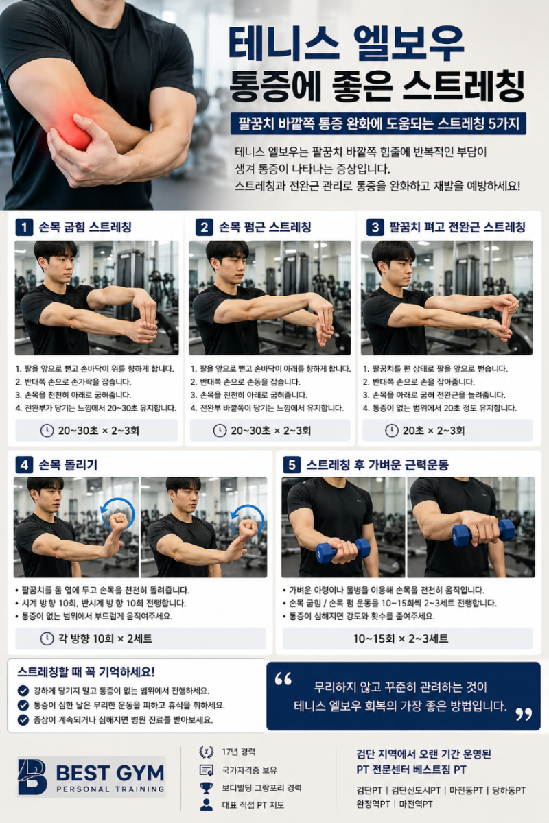 테니스 엘보우 통증에 좋은 스트레칭 5가지｜팔꿈치 바깥쪽 통증 완화에 도움되는 방법 '완....