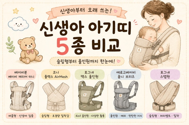 신생아 아기띠 5종 비교｜베이비뵨·코니·포그내·에르고베이비 한눈에 보기