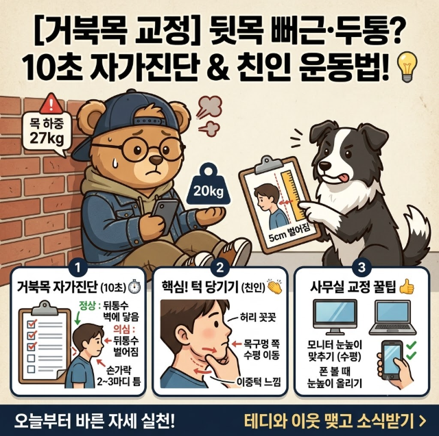 [거북목 교정 운동] 뒷목 뻐근하고 두통까지? 10초 자가진단법과 친인(턱 당기기) 운동법