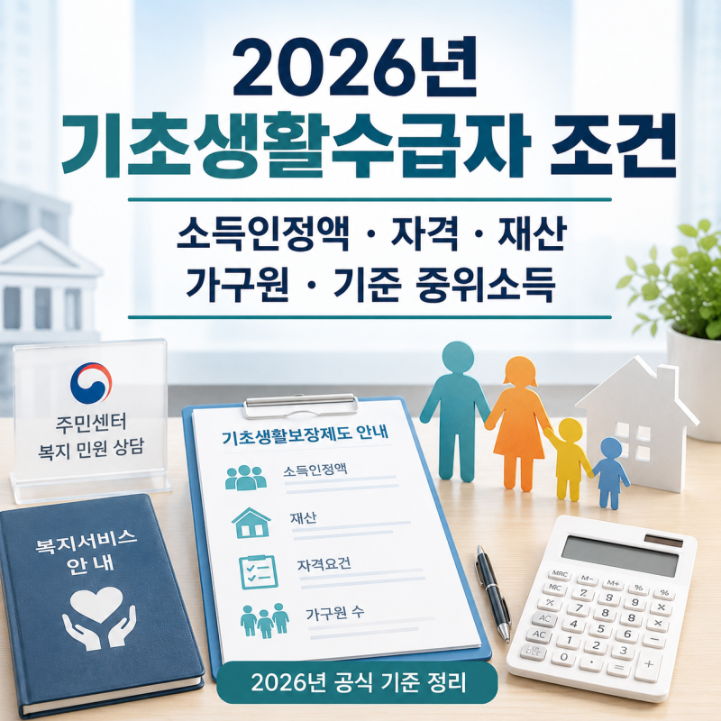 2026년 기초생활수급자 조건(소득인정액, 자격, 재산, 가구원, 중위소득)