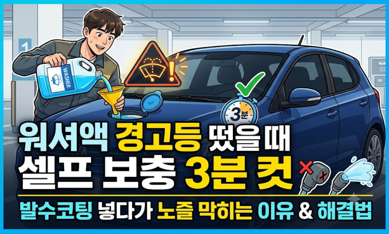 계기판에 워셔액 경고등 떴다면? 보충 방법과 발수코팅 노즐 막힘 예방법