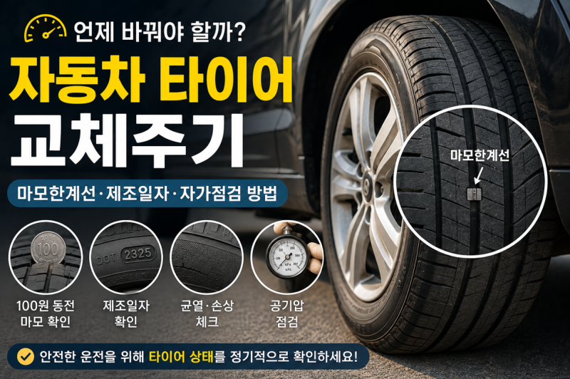자동차 타이어 교체주기 언제일까?｜마모한계선·100원 동전·제조일자 확인법 총정리(타이어....