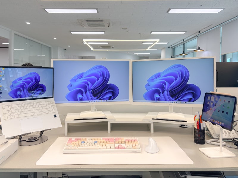 데스크테리어 LG 모니터 추천 깔끔한 화이트 베젤, 두 대 나란히 놓은 책상 셋업 #내돈내산