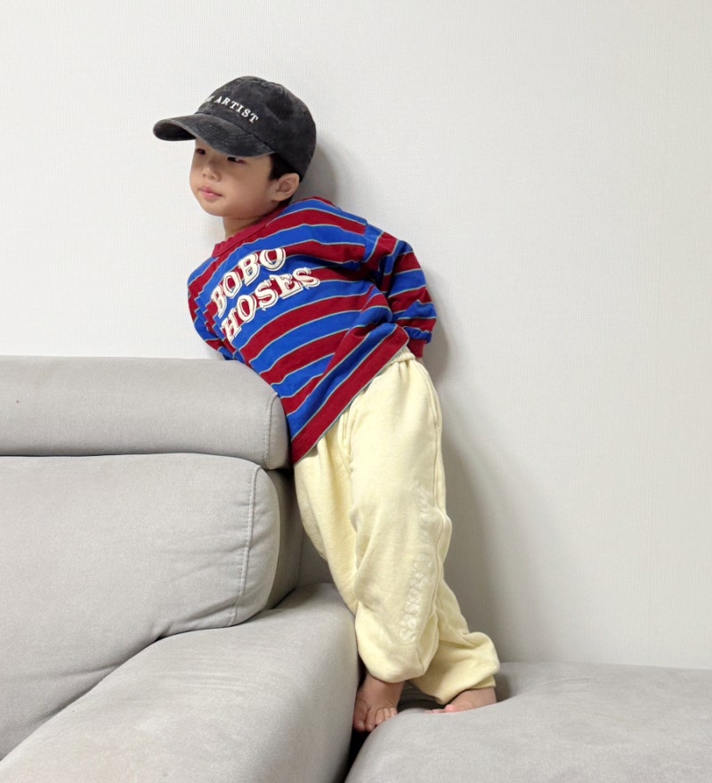 보보쇼즈 26fw 브랜디드 스트라이프 긴팔 5세 남아 4-5y후기｜사이즈 & 기존 스트라이프 티셔츠....