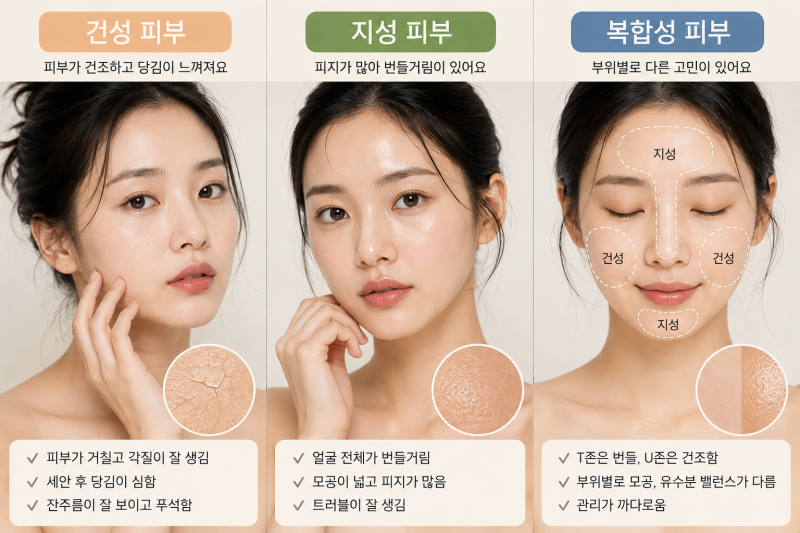 피부 타입 자가진단 방법, 건성 지성 복합성 수부지 구분하는 법