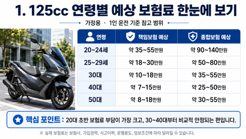 125cc 바이크 보험료 총정리｜20대·30대·40대·50대 예상 차이는?