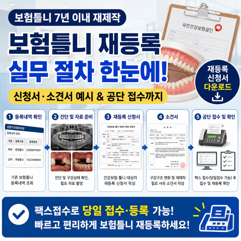 보험틀니 7년 이내 재제작 가능할까? 재등록 신청서·소견서 예시와 치과 실무 절차