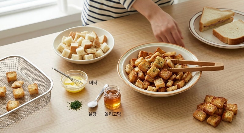 식빵 크루통 구이 만들기! 자르고 남은 식빵 활용 에어프라이어 간식!