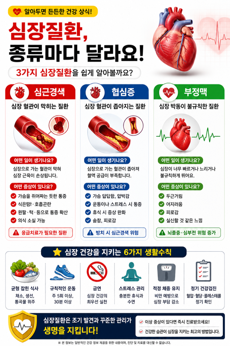 심근경색·협심증·부정맥 차이, 같은 심장질환이 아닙니다.